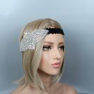 1920s flapper headband with Art Deco rhinestone fan panel on black elastic band