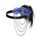 Adult 1920s flapper headband with royal blue sequin medallion and black feather plume