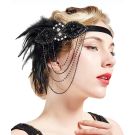 Black 1920s flapper headband with Art Deco beaded ornament and feather plume