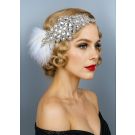 Silver rhinestone 1920s flapper headband with white feather pom accent