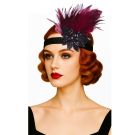Black and burgundy 1920s flapper headband with sequined flower and feather plume