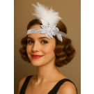 White feather flapper headband with silver sequin star appliqué on elastic band