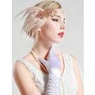 Vintage Art Deco headpiece with champagne ribbon, blush feathers, and sequin scrollwork appliqué