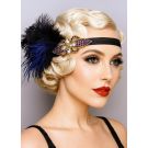 Adult 1920s flapper headband with black and blue ostrich feathers and purple crystal Art Deco centerpiece