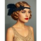 Black beaded 1920s flapper headband with navy feather plume