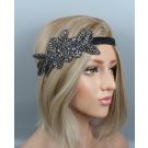 Black 1920s flapper headband with gunmetal beaded appliqué and rhinestones