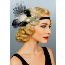 1920s flapper headband with black ostrich feather and gold Art Deco crystal centerpiece