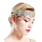 Silver 1920s flapper headband with Art Deco rhinestone centerpiece and draped crystal chains