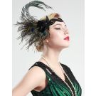 1920s Gatsby headpiece showing iridescent peacock eye feathers and Art Deco appliqués