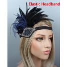 Black elastic flapper headband with navy blue and black ostrich feathers