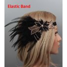 Adult wearing black feather flapper headpiece positioned low on forehead in 1920s Gatsby style