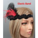 1920s flapper headpiece black beaded trim asymmetric feather plume Jazz Age accessory