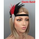 Black sparkle elastic headband with dramatic red and black rooster feathers worn across forehead in Gatsby style