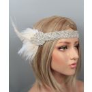 Adult white feather flapper headband with rhinestone Art Deco band and organza ribbon ties