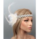Gold beaded 1920s flapper headband with white ostrich and peacock feather plume