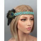 Adult 1920s Flapper Headband - Turquoise Beaded Gatsby Headpiece with Peacock Feather - alternate view