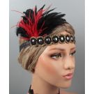 1920s Gatsby headpiece with seven black cabochons and red-black feather spray