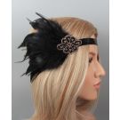 Rose gold beaded flapper headpiece with dramatic black hackle feathers