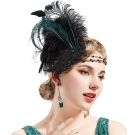 Adult 1920s Flapper Headband - Black & Teal Feather with Beaded Chain - alternate view 5