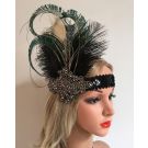 1920s flapper headband with black peacock feathers and rhinestone centerpiece