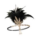 1920s Gatsby headpiece showing layered black feather plume and champagne rhinestone laurel leaf design