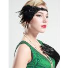 Black 1920s flapper headband with Art Deco beadwork and feather plume on forehead