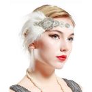 1920s Gatsby headband with crystal vine motif and fluffy white feather plume