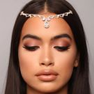 Silver bohemian bridal head chain with rhinestone scalloped edge and teardrop crystal