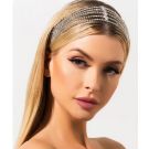 Silver rhinestone boho hair chain with multi-strand crystal waves across forehead