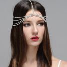 Silver bohemian hair chain headpiece with rhinestone crystal draping and filigree centerpiece