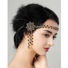 1920s style headpiece showing side-mounted feather plume and dangling beaded chains
