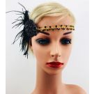 Adult 1920s Flapper Headband - Black Feather & Gold Beaded Gatsby Headpiece - alternate view 2