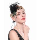Adult Gatsby headband with adjustable ribbon tie and emerald green rhinestone embellishments
