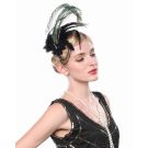1920s feather hair clip showing iridescent peacock plumes and rhinestone flower detail