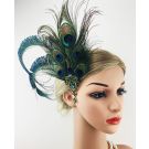 1920s Art Deco fascinator with curled peacock plumes and emerald rhinestone brooch