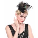 Black gatsby hair clip fascinator with iridescent peacock eye feathers and glitter base