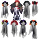 Black veil funeral headband with multicolored roses and flowing mesh layers