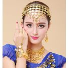 Gold coin belly dance jewelry set with headpiece necklace earrings and hand bracelet