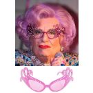 Oversized pink celebrity glasses with ornate scroll cutout design and rhinestones