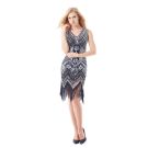 Womens 1920s black flapper dress with silver Art Deco sequin beadwork and fringe hem