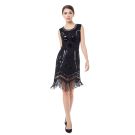 Black sequin 1920s flapper dress with Art Deco beading and long fringe hem