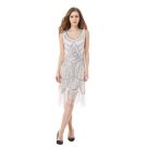 White 1920s flapper dress with silver Art Deco sequin beading and white fringe hem