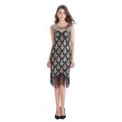 Womens black and gold sequined flapper dress with art deco pattern and fringe hem