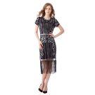 Women's black 1920s flapper dress with silver Art Deco beading and long fringe hem