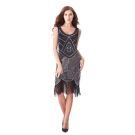 Womens black sequined 1920s flapper dress with Art Deco geometric beadwork and long beaded fringe hem