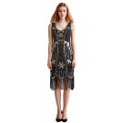 Black beaded 1920s flapper dress with Art Deco sequin pattern and long fringe hem