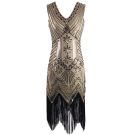 Gold flapper dress back view with zipper closure and iridescent sequin detail