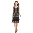 Adult women's black sequin flapper dress with Art Deco beadwork and tiered fringe hem for 1920s Gatsby parties