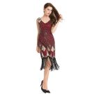 Burgundy sequin 1920s flapper dress with gold Art Deco beadwork and black fringe hem