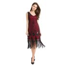 Burgundy 1920s flapper dress with black Art Deco beading and fringe hem